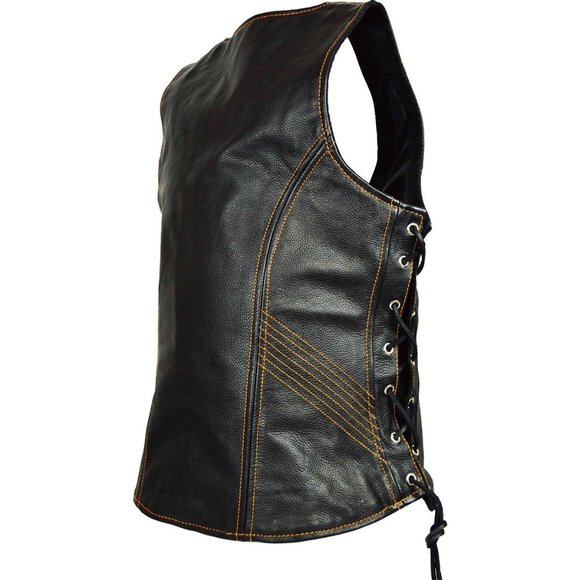 Women's Black Lace Side Zipper Pocket Premium Cowhide Leather Biker Vest - Picture 6 of 13